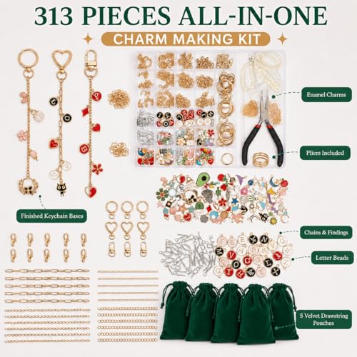 XUHAO7 313Pcs DIY Jewelry Making Kit - Craft Set with Keychains | Pendants Pearl Beads Chains Pliers Storage Box Bracelets, DIY Jewelry Craft Supplies for Bag Charm, Includes 5 Velvet Pouches - size: 313pcs