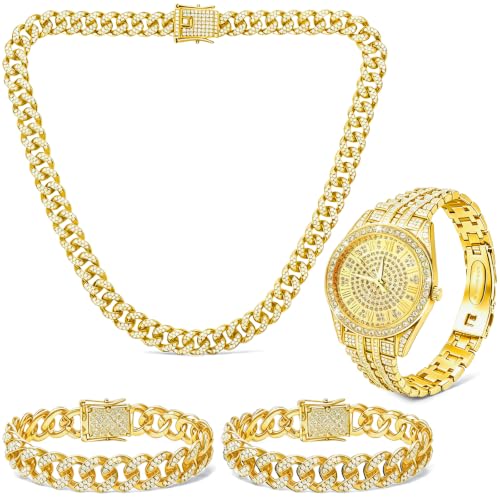 NEWITIN 4 Pieces Cuban Jewelry Set for Men Diamond Watch Necklace Bracelets | Hypoallergenic, Cubic Zirconia, Cuban Link Chain, Iced Out Bling Rhinestone, Silver Gold Black, Hip Hop Jewelry Set for Men