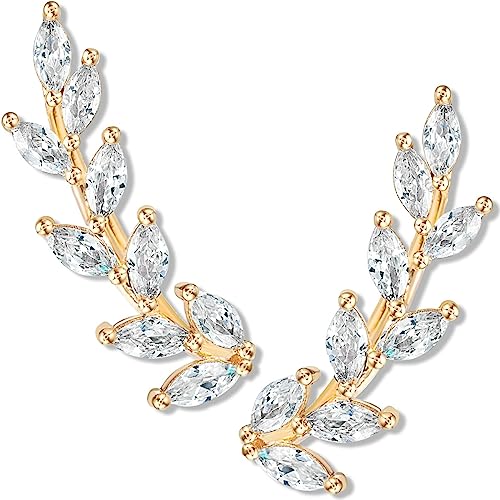 14K Gold or 925 Silver Plated Ear Crawler Earrings - Crystal Leaf Climbers | Hypoallergenic and Safe for Sensitive Ears - color: 14K Gold Plated