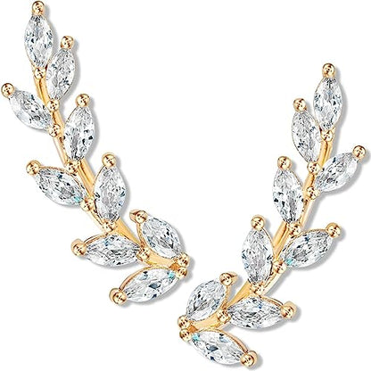 14K Gold or 925 Silver Plated Ear Crawler Earrings - Crystal Leaf Climbers | Hypoallergenic and Safe for Sensitive Ears - color: 14K Gold Plated