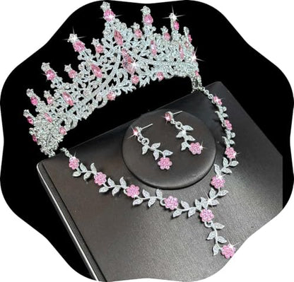 Kamirola Tiaras and Crowns for Women,Tiaras Earrings Necklace, Crystal Bridal Jewelry Set (TR48) - color: Pink Silver