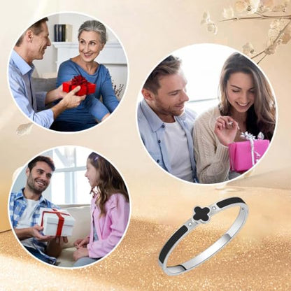 Clover Bracelets for Women Gold and Silver Chunky Oval Clover Bangle | 18k Gold Plated Stainless Steel,Precision Polished Non Tarnish,Black/White/Red/Pink/Orange Clover Bracelet Gifts for Women - color: Silver Black