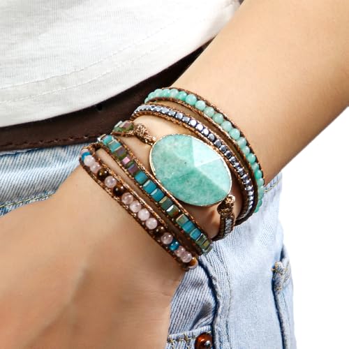 Women Wrap Bracelets Boho Natural Stone Jasper Turquoises Strand Bracelet Jewelry Collection - color: Amazonite