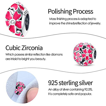 Pandach 925 Sterling Silver Charms Beads for Bracelets and Necklaces Butterfly and Headphones Pendants Clover Charms Jewelry Gift for Women - style: Pink Cherry Blossom Round Charm