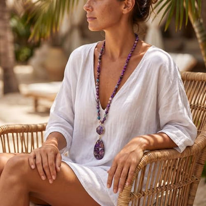 Gmai Boho Necklace for Women Long Beaded Pendant Necklace Natural Stone Teardrop pendant Jewelry Festival Vacation Gift Everyday Handmade Unique Statement Necklace - color: Purple