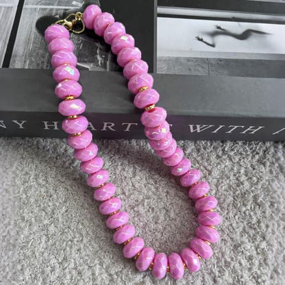 Colorful Chunky Acrylic Beaded Choker Necklaces for Women | Multicolor Faceted Beads, Sturdy Metal Chain, Adjustable Detachable, Lightweight, Summer Boho, Sparkly Statement Jewelry Gift - color: Pink