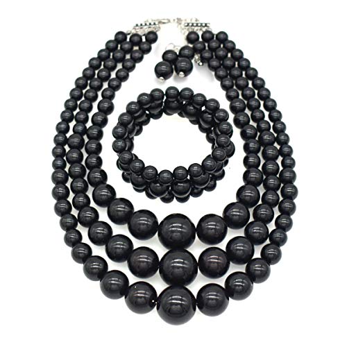 We We Imitation Pearl Necklace for Women Large Chunky Pearl Necklaces Multilayer Pearl Necklace and Earring 1920s Costume Jewelry set - color: black pearl necklace set
