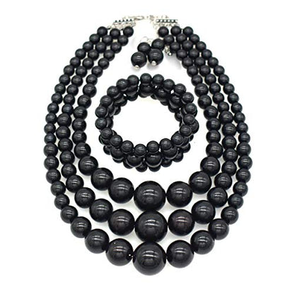 We We Imitation Pearl Necklace for Women Large Chunky Pearl Necklaces Multilayer Pearl Necklace and Earring 1920s Costume Jewelry set - color: black pearl necklace set