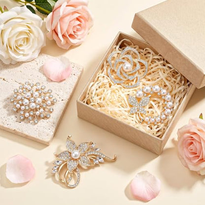 Brooches and Pins for Women 4 Pcs Flower Brooch Pins | Crystal Pearl Brooch Jewelry, Gold Rhinestone, Butterfly Floral Brooches, for Wedding Clothing, Accessory Fashion Jewelry