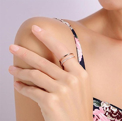 Women's Stainless Steel Cubic Zirconia Ring Knuckle Midi Stacking Double Lines Eternity Bands - color: Rose Gold