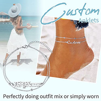 ChainsHouse Double Layer Anklet Bracelet for Women,Adjustable Chain Anklets Stackable Dainty Anklets,Stainless Steel/Gold Plated/Black Ankle Jewelry Gifts - color: A-Silver-Bead Chain