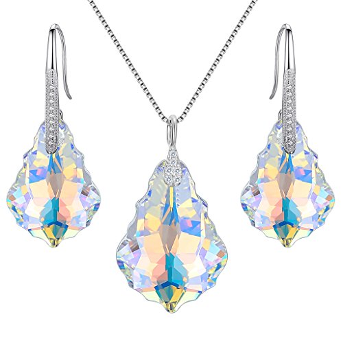 EleQueen 925 Sterling Silver CZ Baroque Drop Pendant Necklace Dangle Earrings Set Made with Austrian Crystal, Valentine's Day/Mother's Day/Christmas Jewelry Gift - color: Iridescent Aurora Borealis
