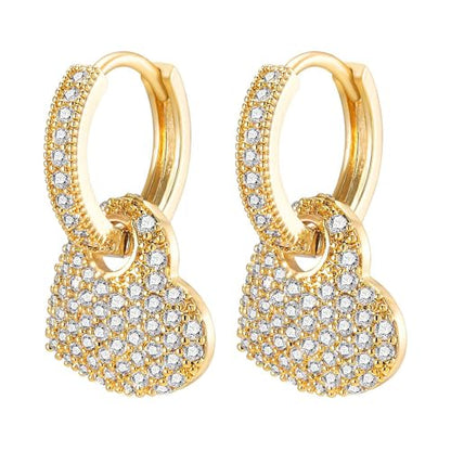 Crystal Heart Dangle Hoop Huggie Earrings for Women Dainty 14k Gold-Tone Plated Cubic Zirconia Small Hoops Earring Charm Drop Jewelry Gift for Ladies Love Statement Valentine's Day Gifts for Girlfriend