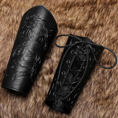 Medieval Leather Bracers Dragon Embossed Viking Leather Bracers Leather Arm Armer Cuff Leather Gauntlet Costumes Accessories - style: Dragon Leather Bracers-black