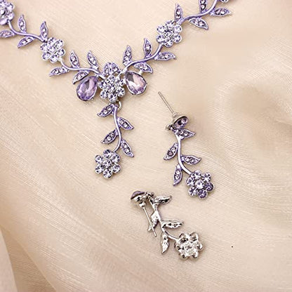 Flower Leaf Crystal Pendant Necklace Dangle Earrings Link Bracelet Bride Bridesmaid Jewelry Sets for Women Wedding Party - color: Violet-Platinum Plated