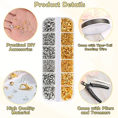 Acejoz 1200 Pcs Crimp Beads Supplies for Jewelry Making, Including Crimp Covers, Crimp Tubes and Wire Guardians, Lobster Clasps, Jump Rings, Crimping Pliers and Beading Wire for Bracelets Making