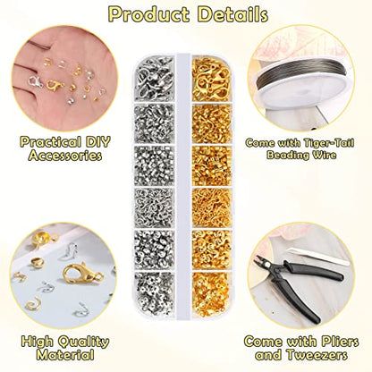 Acejoz 1200 Pcs Crimp Beads Supplies for Jewelry Making, Including Crimp Covers, Crimp Tubes and Wire Guardians, Lobster Clasps, Jump Rings, Crimping Pliers and Beading Wire for Bracelets Making