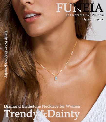 FUNEIA Diamond Necklaces for Women 14K Gold Plated Emerald Birthstone Necklace for Women Mothers Dainty Gold Necklace Blue Green Cubic Zirconia Pendant Necklace Birthday Gifts for Women Jewelry - color: 03. March(Aquamarine)