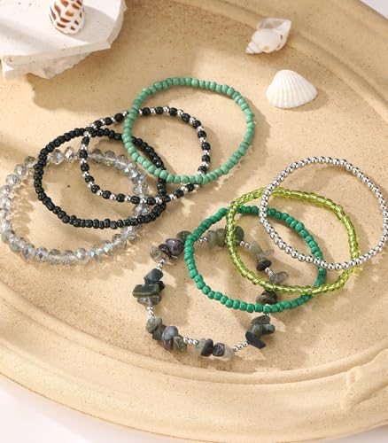 Noessla Boho Beaded Bracelets for Women Stackable Irregular Natural Stone Bead Stretch Bracelet Set 8PCS Costume Jewelry Gifts for Her - color: Green