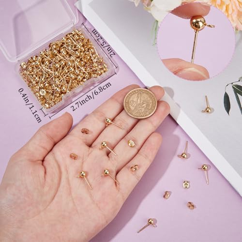 Beebeecraft 1 Box 100Pcs Ball Post Earring Studs Gold Earring Posts with Loop Small 5mm Round Ball 24K Gold Plated Stainless Steel Stud Earring Findings for Jewelry Making Earrings Supplies DIY Crafts - color: Gold, size: 5mm Ball