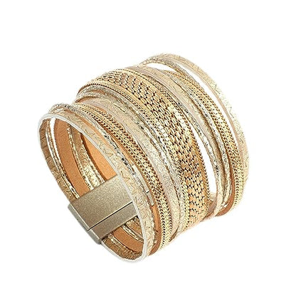 NOVSKI New Genuine Real Leather Wrap Bracelets Multi Strand Cord Metallic Chain Layered Wide Cuff Bracelet Gift Jewelry - color: Gold