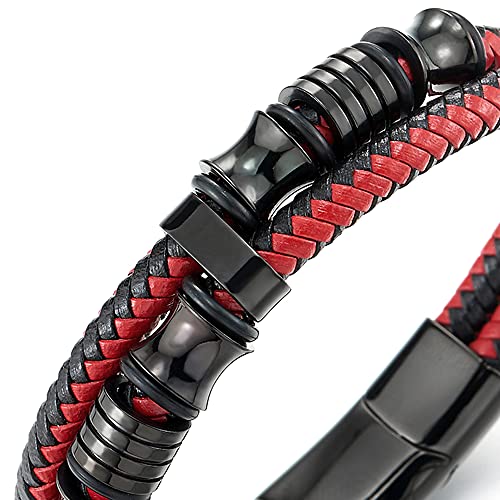 COOLSTEELANDBEYOND Mens Double-Row Braided Leather Bracelet Bangle Wristband with Black Stainless Steel Ornaments - color: F-Black Red