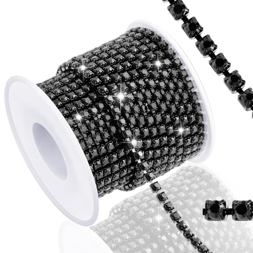 Rhinestone Chain, 10-Yards 2MM Crystal Rhinestone Close Chain Trim for Sewing Crocs Shoes Clothes Cups, Rhinestone Chains for Jewelry Wedding Bouquet DIY Decoration, Black - color: Glossy Black, Length: 10 Yards, Width: 2MM/0.08Inch