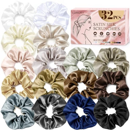 32 Pcs Satin Scrunchies for Women,16 Colors Silk Scrunchies Ponytail Holders,Satin Hair Ties and Bands for Thick,Thin and Curly hair