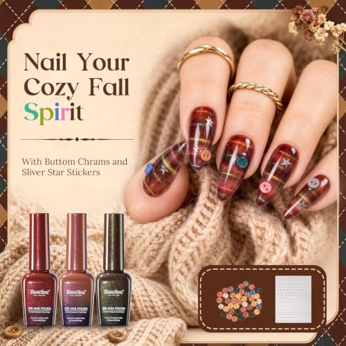 Beetles Mocha Sweater Cat Eye Gel Nail Polish Set, 6 Colors 9ml Fall Gel | Brown-Based Iridescent Cat Eye Gel Kit Magnetic Effect, Button Charms & Star Stickers & Magnet, Soak Off UV Salon at Home - color: A - Brown-Based Cat Eye | Mocha Sweater