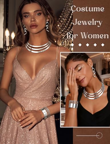 JOERICA Bib Choker Necklace Set for Women Wide Cuff Bangle Bracelets Long Statement Dangle Earrings African Costume Jewelry Set - color: Silver Tone