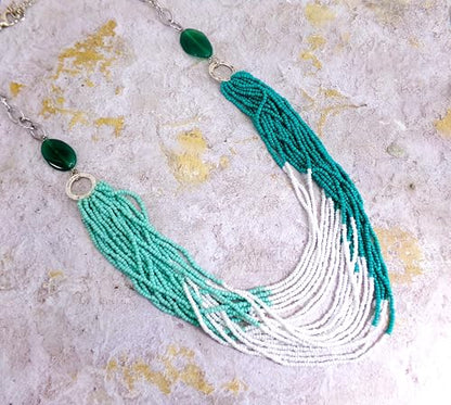 Turquoise Multi Strand Seed Bead Necklace for Women – Boho Chic Statement Necklace with Agate Stones – Layered Summer Jewelry