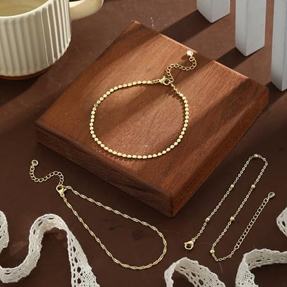 Gold Ankle Bracelets for women,14k Gold/Silver Plated Waterproof Layered lightweight Bow Beaded Twisted Chain Cross Butterfly Satellite Ankle Bracelets Set Gold Anklets for women Trendy Summer Beach Jewelry Gift for Women - style: 3 anklets twisted satell