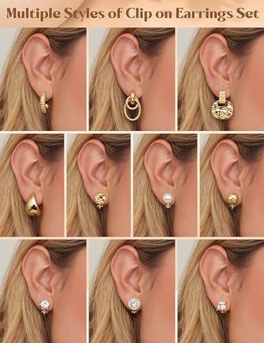 LOLIAS Clip On Earrings for Women 14K Gold Plated Clip Earrings Non Pierced | Hypoallergenic Ears Clips CZ Pearl Knot Twist Chunky Hoop and Studs Earring Set Lightweight Fake Earings Jewelry - style: 10Pairs-14K Gold Plated