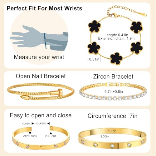 YOUNGGRACE 18K Gold Plated Womens Stackable Bracelets Set 4 Pcs – Love Bangle, Nail Bracelet, Clover & CZ Tennis Bracelet, Non Tarnish Hypoallergenic Stainless Steel Gold Layered Jewelry Gift for Her - color: Black Floral