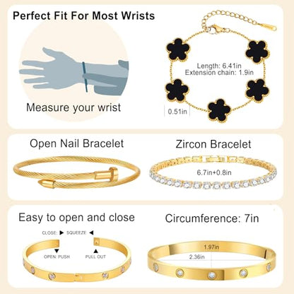 YOUNGGRACE 18K Gold Plated Womens Stackable Bracelets Set 4 Pcs – Love Bangle, Nail Bracelet, Clover & CZ Tennis Bracelet, Non Tarnish Hypoallergenic Stainless Steel Gold Layered Jewelry Gift for Her - color: Black Floral