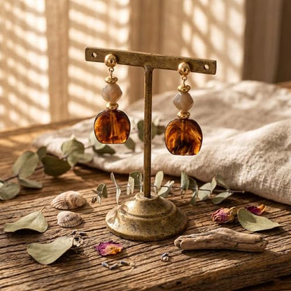 Gold Dangle Earrings for Women Boho Style, Hypoallergenic Trendy Resin Earrings - color: Resin Brown