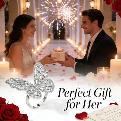 Butterfly Rings for Women Adjustable Golden Cocktail Ring Sparkly Stones Statement Silver Bow Open Wrap Bow Jewelry Bridesmaids Wedding Valentine’s Day Gift Lover Mother - color: JZ03-Silver