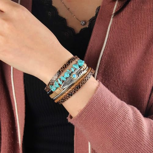 Fesciory Leather Wrap Bracelet for Women, Boho Western Layered Cuff Jewelry | Stackable Bracelets, Easy-On Clasp, Daily Wear, Pairs with Boho Western Outfits, Gift for Women - color: Brown2