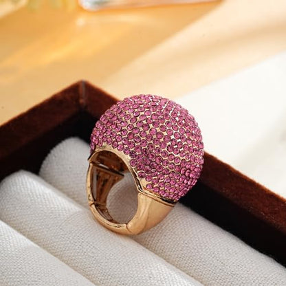 Gold Snowball Rhinestone Cocktail Ring – Adjustable Stretch Sparkling Party Jewelry for Women, Elegant Costume Ring for Evening Wear, Wedding, Prom - color: pink