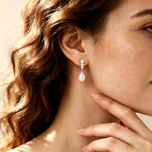 Pearl Earrings for Women, 14k Gold Plated Trendy Diamond Pearl Drop Earrings Hypoallergenic Dainty Bridal Gifts Wedding jewelry for Women - color: Silver-Pearl Style A