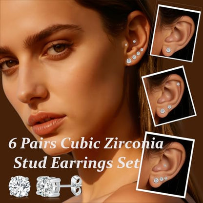 6 Pairs Cubic Zirconia Stud Earrings for Women/Men - Round Cut 4 Prong Settings 18K Gold Plated Hypoallergenic 3-8mm Clear Earrings Set - color: 3-8mm White Gold - Round 4 Prong