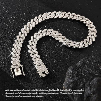 Mens Cuban Link Chain Iced Out Cuban Necklace 18K Gold & Silver Plated Chain For Men Women 14mm Hip Hop Jewelry - color: Silver, size: 20Inches