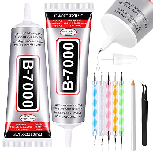 B7000 Adhesive Rhinestones Glue for Crafts, 2PCS 110ml / 3.7 fl oz with 5 Dotting Pen Tool, Wax Pencil and Tweezer, Jewelry Glue for DIY Craft, Makeup, Shoes, Jewelry Making, Nail Art - color: 2 PCS(Total 220ml)