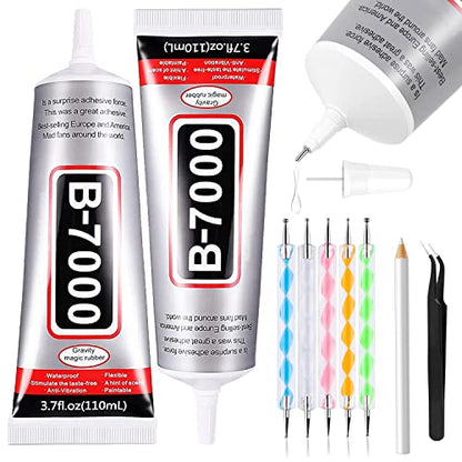 B7000 Adhesive Rhinestones Glue for Crafts, 2PCS 110ml / 3.7 fl oz with 5 Dotting Pen Tool, Wax Pencil and Tweezer, Jewelry Glue for DIY Craft, Makeup, Shoes, Jewelry Making, Nail Art - color: 2 PCS(Total 220ml)