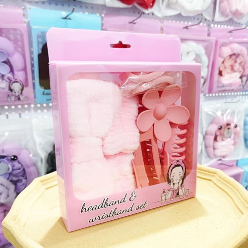 32 PCS Hairband And Accessories Set Plush Face Wash Headbands Wristbands Clips Hair Ties For Spa Bath Bridal Party Gifts, PinkPurple