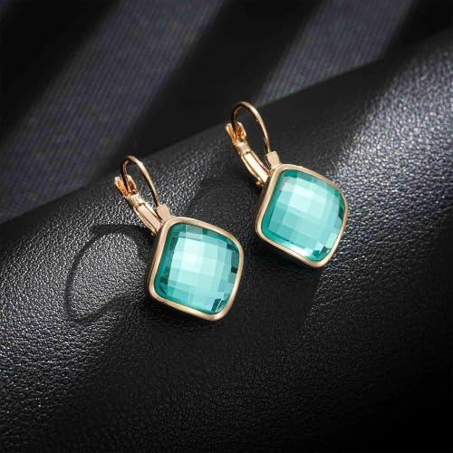Austrian Crystal Square Leverback Drop Earrings for Women | Classic Square-Cut Crystal,14K Gold-Plated,Leverback for Easy Secure Wear,Gift Box Included,For Day and Evening Events - color: Blue-Green