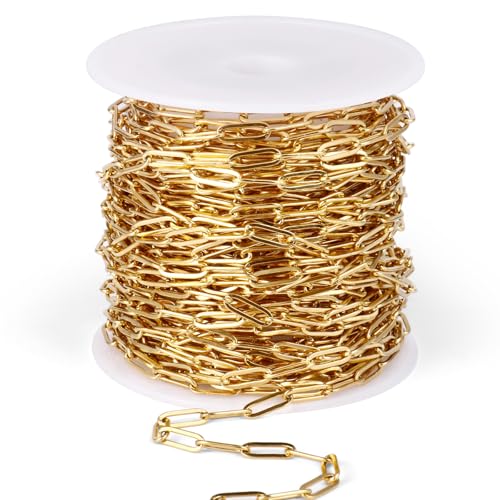 33FT Stainless Steel Paperclip Chains 3mm Gold Chain for Jewelry Making | 18K Gold PVD Plated Oval Link Chain Roll Bulk for Necklace Bracelet Crafts - color: 18k gold(3mm)