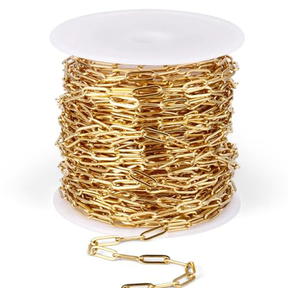 33FT Stainless Steel Paperclip Chains 3mm Gold Chain for Jewelry Making | 18K Gold PVD Plated Oval Link Chain Roll Bulk for Necklace Bracelet Crafts - color: 18k gold(3mm)