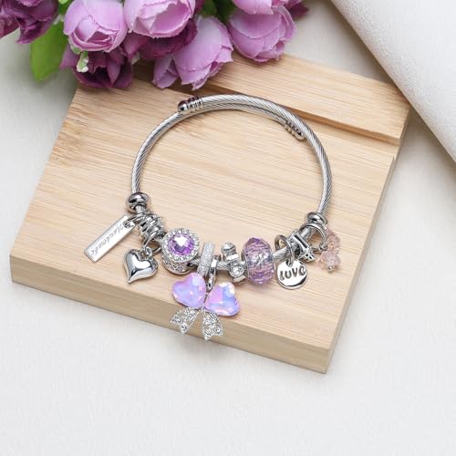 DS Charm Bracelets for girls,exquisite cute cartoon friendship bracelets Silver Stainless Steel Bangle with birthday Gift box, Adjustable girls jewelry Suitable for holiday gifts - style: Silver-purple butterfly 3