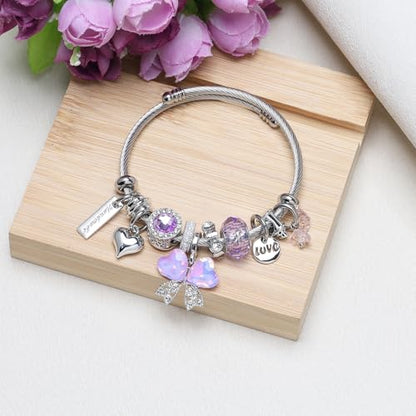 DS Charm Bracelets for girls,exquisite cute cartoon friendship bracelets Silver Stainless Steel Bangle with birthday Gift box, Adjustable girls jewelry Suitable for holiday gifts - style: Silver-purple butterfly 3